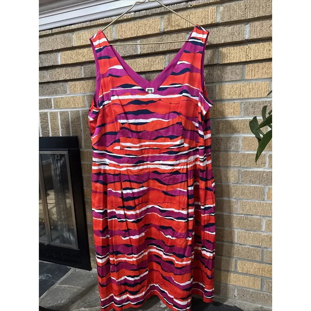 Anne Klein Sz 20w Red Pink Navy Wave Stripe A Line Flare dress Cocktail Resort - Picture 2 of 9